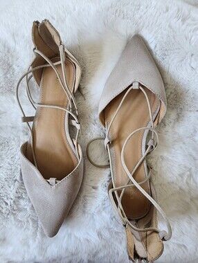 Express Pointed-Toe Lace-Up Express Flats | Nude Taupe Faux Suede | Size 8